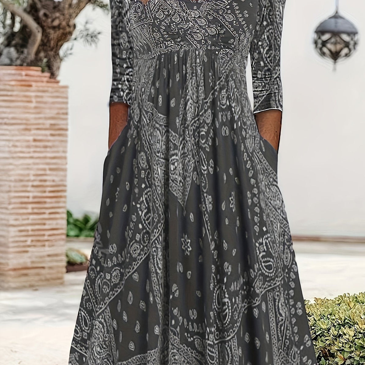 Square Neck Paisley Print Empire Waist Pocket Midi Dress 11