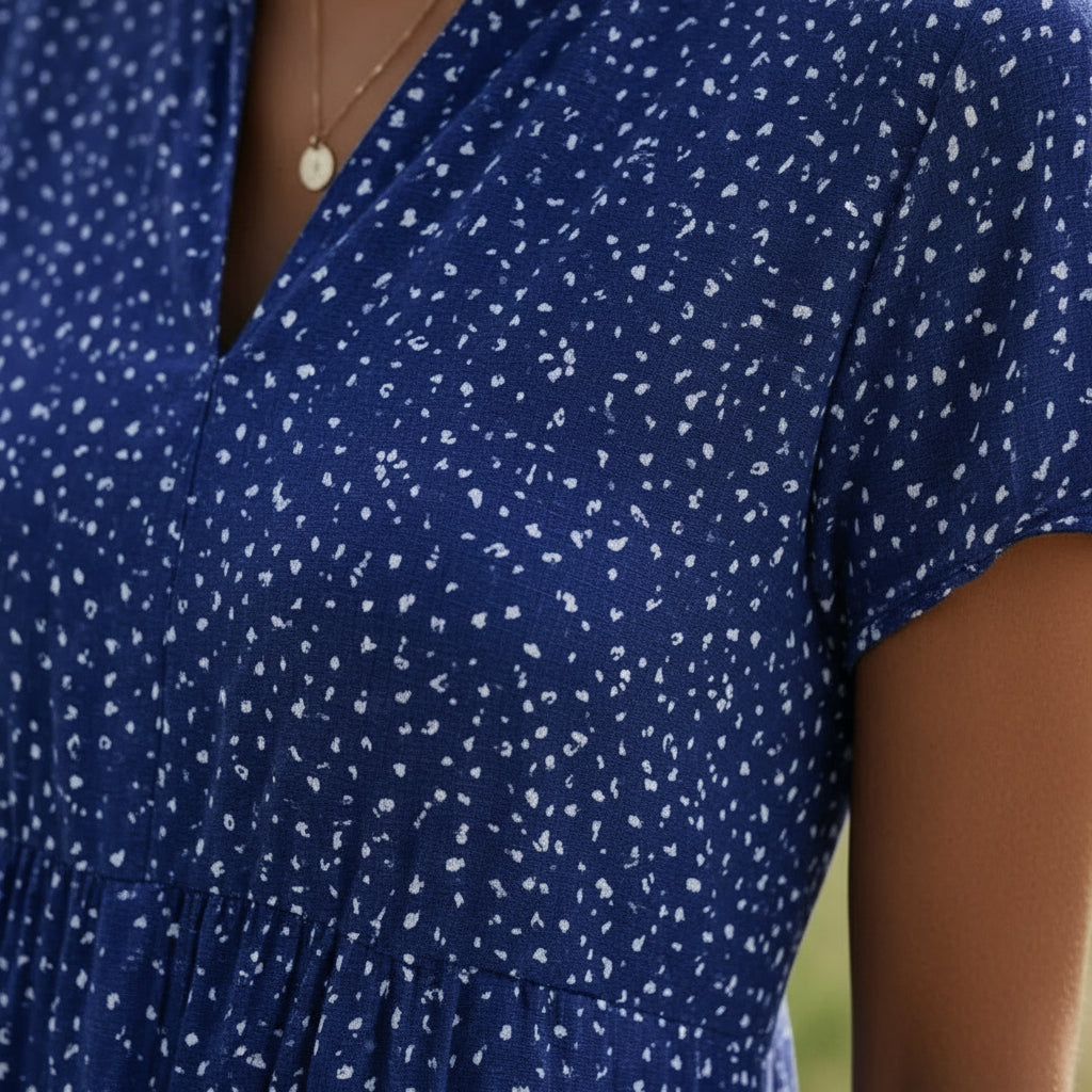 Dark Blue Split Neck Dotted Print Short Sleeve A-Line Midi Dress 2