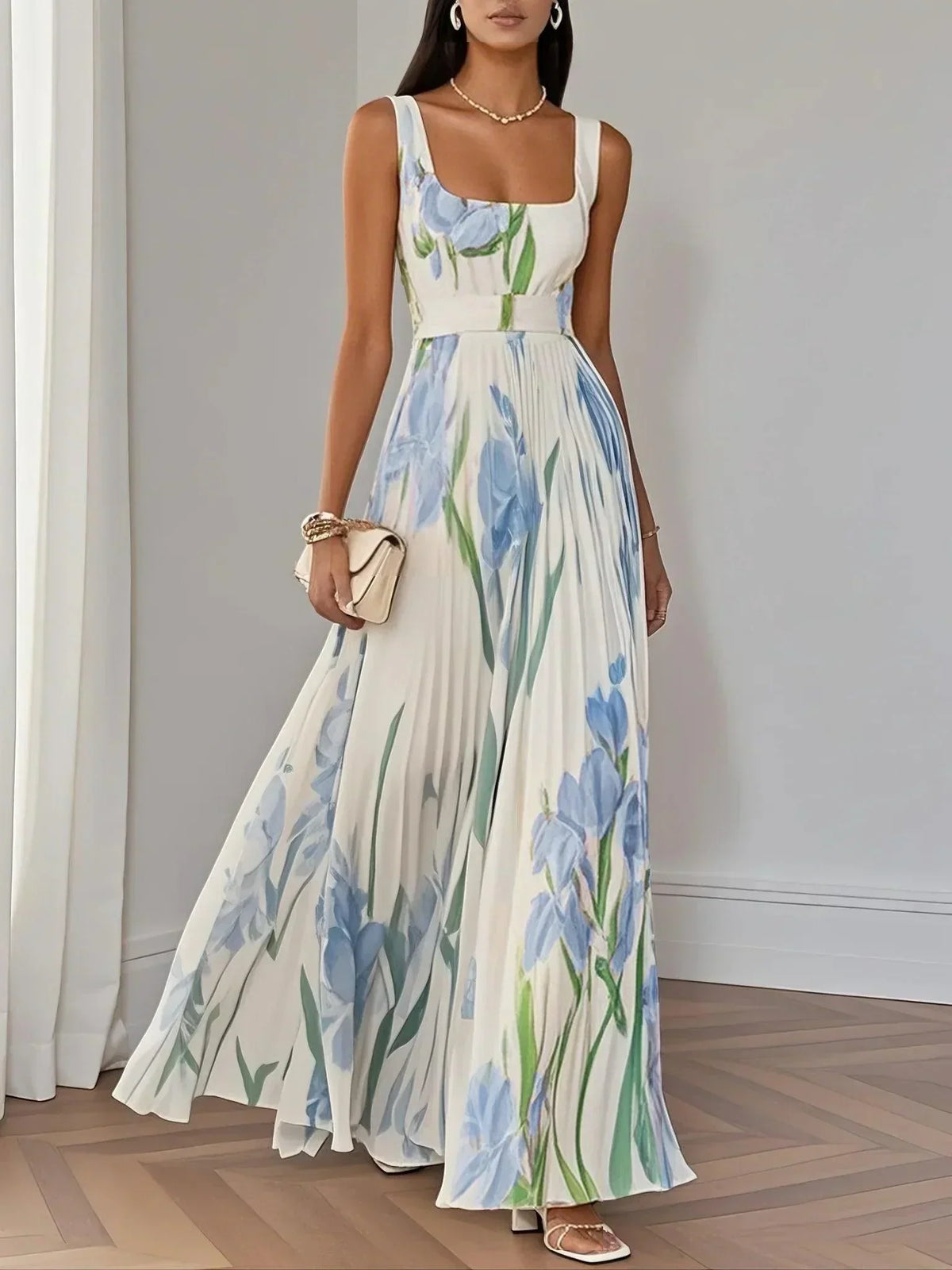 Square Neck Floral Print Sleeveless Pleated A-Line Maxi Dress