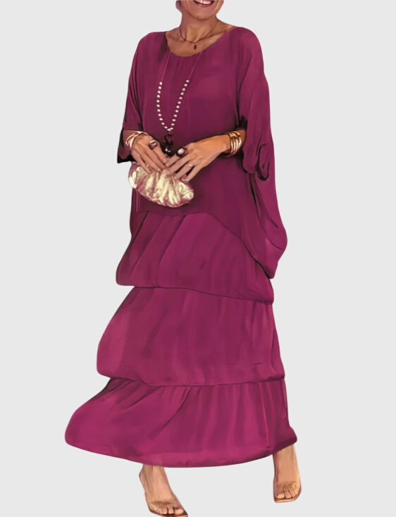 Round Neck Chiffon Batwing Sleeve Layered Tiered Flowy Maxi Dress