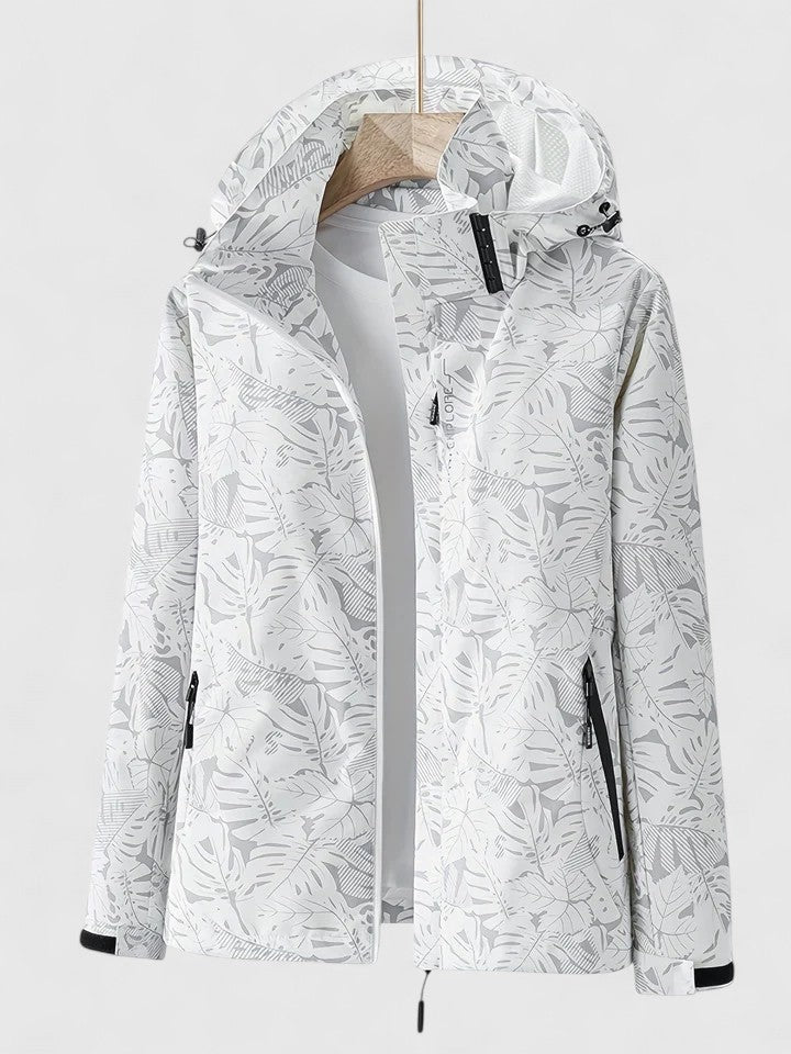 Hooded Tropical Leaf Print Zip Front Long Sleeve Windbreaker Jacket