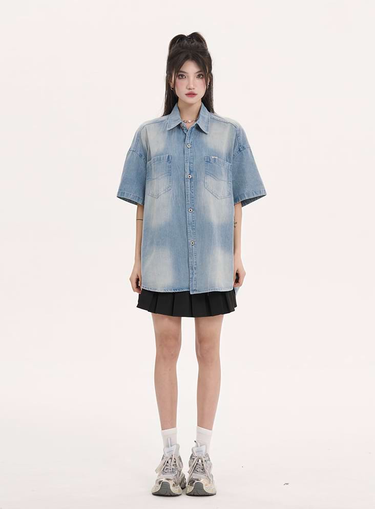 Oversized Faded Denim Button Shirt