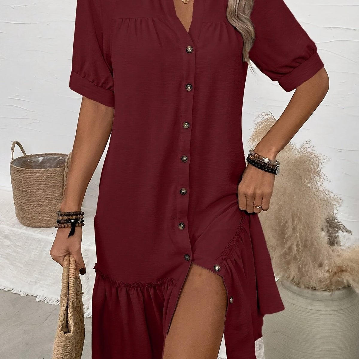 Collared Button Front Short Sleeve Ruffle Hem Shift Mini Dress 14