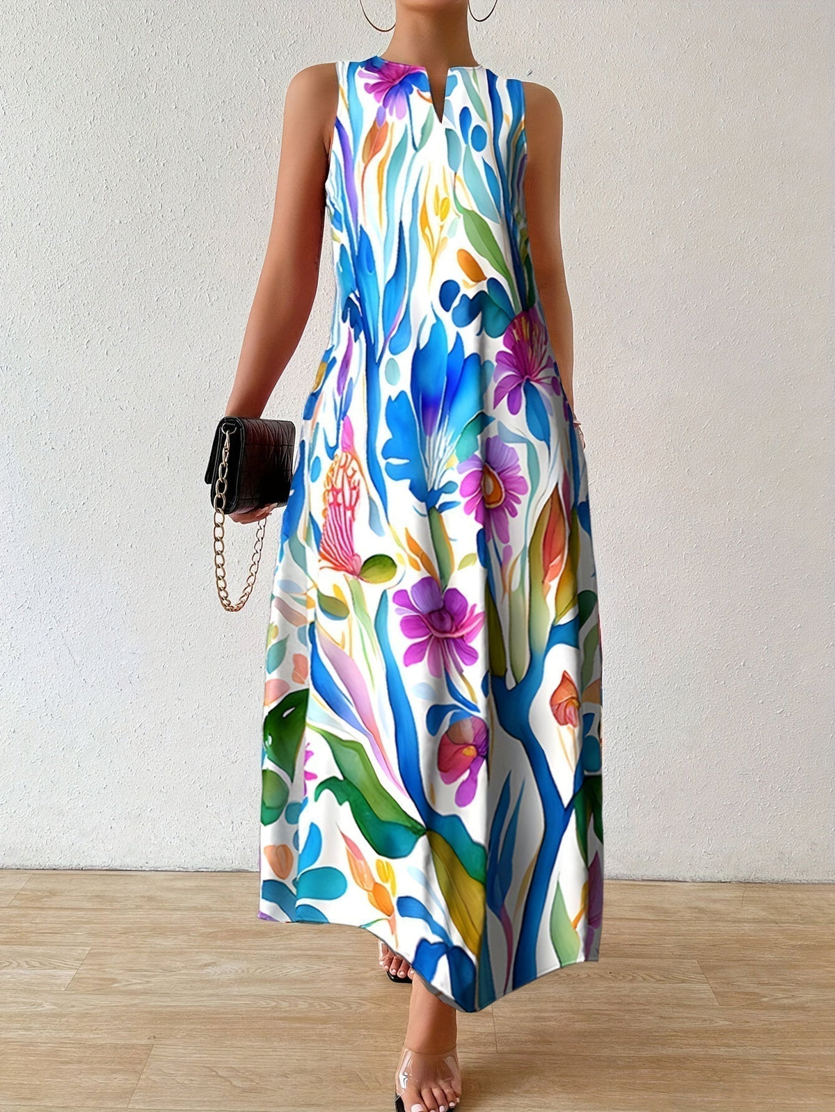 Notch V-Neck Abstract Floral Sleeveless Pocket A-Line Maxi Dress