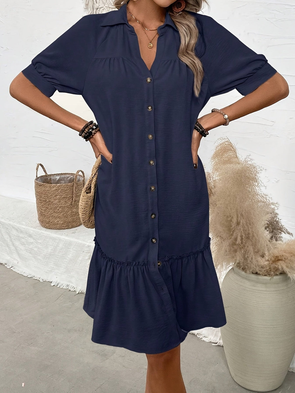 Collared Button Front Short Sleeve Ruffle Hem Shift Mini Dress 9
