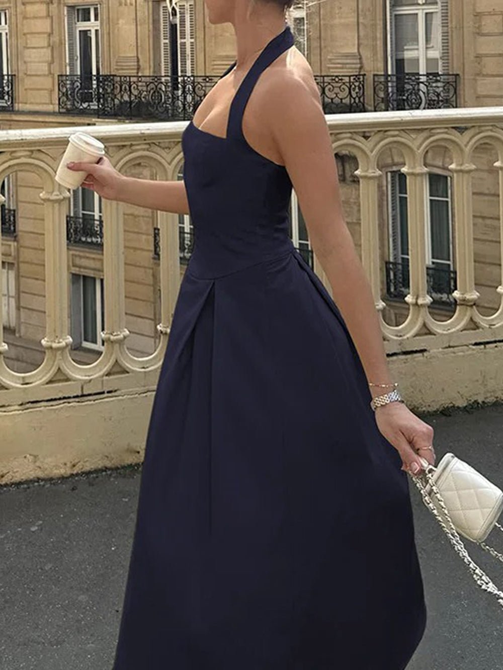 Halter Neck Basque Waist Box Pleat Backless Midi Dress 9