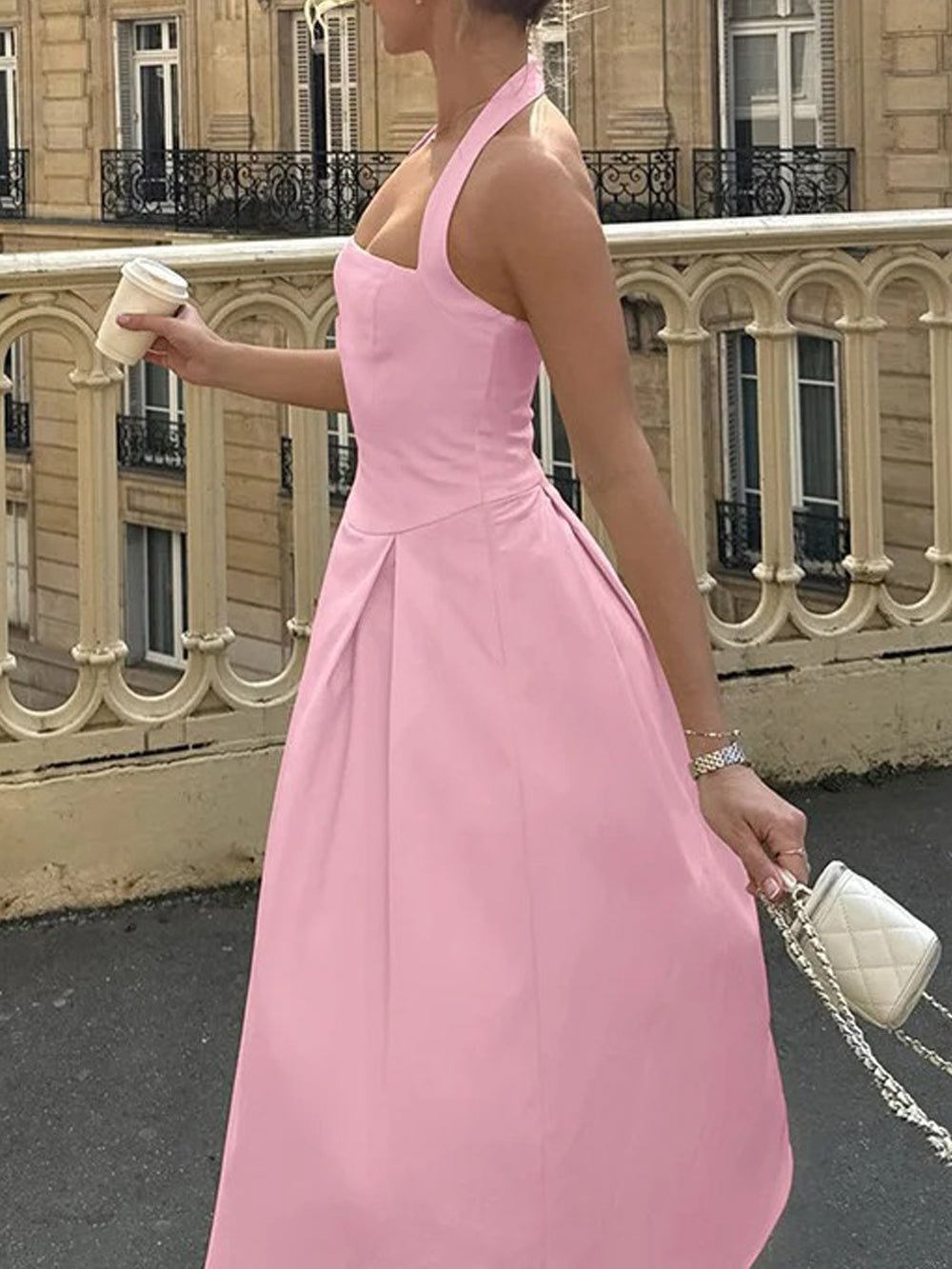 Halter Neck Basque Waist Box Pleat Backless Midi Dress 11