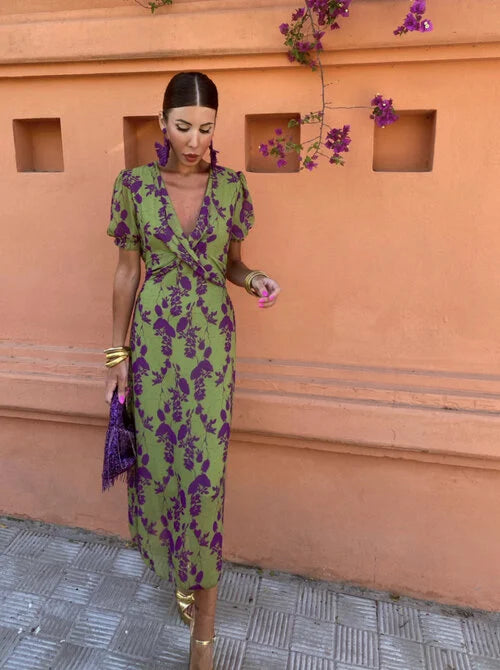 V-Neck Puff Sleeve Abstract Leopard Print Ruched Bodycon Midi Dress