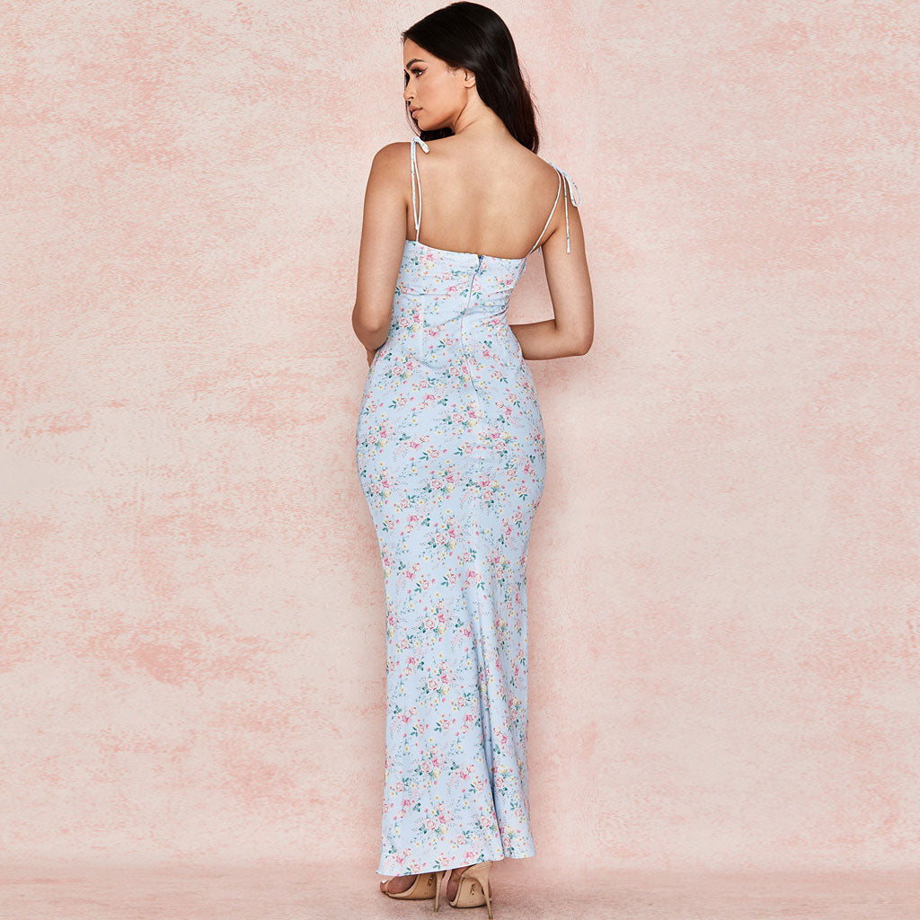 Blue Floral Tie Strap Ruched Bustier Bodycon Maxi Dress