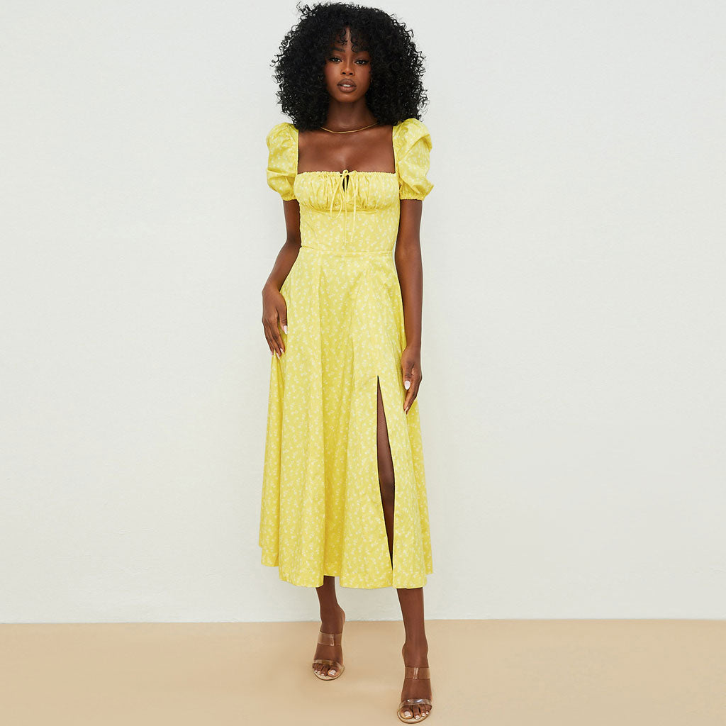 Dark Yellow Square Neck Puff Sleeve Floral Print High Slit A-Line Maxi Dress