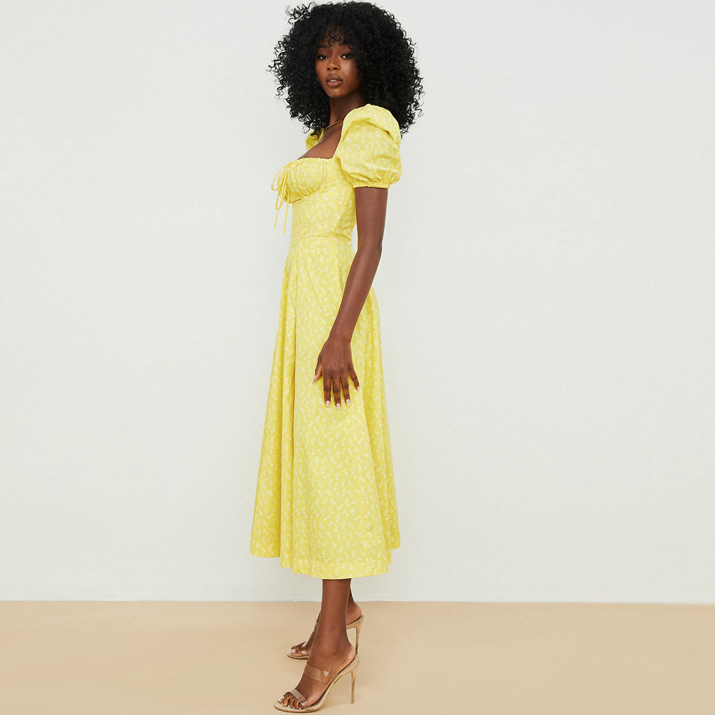 Dark Yellow Square Neck Puff Sleeve Floral Print High Slit A-Line Maxi Dress 2