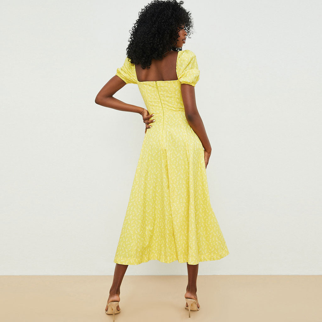Dark Yellow Square Neck Puff Sleeve Floral Print High Slit A-Line Maxi Dress 3