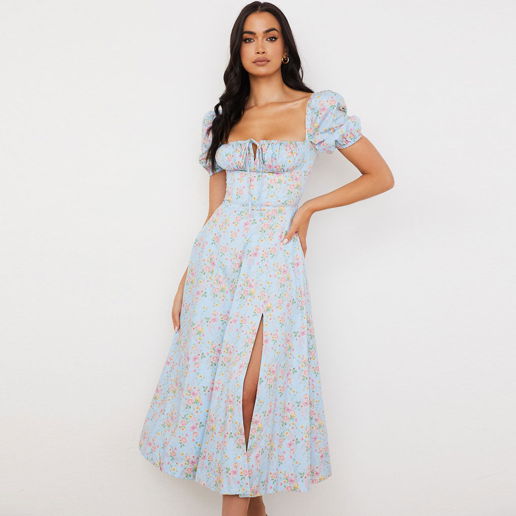 Light Blue Square Neck Floral Puff Sleeve High Slit Smock Maxi Dress