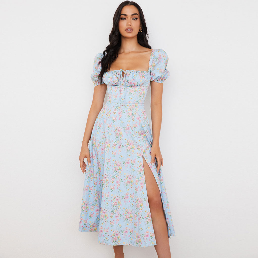 Light Blue Square Neck Floral Puff Sleeve High Slit Smock Maxi Dress