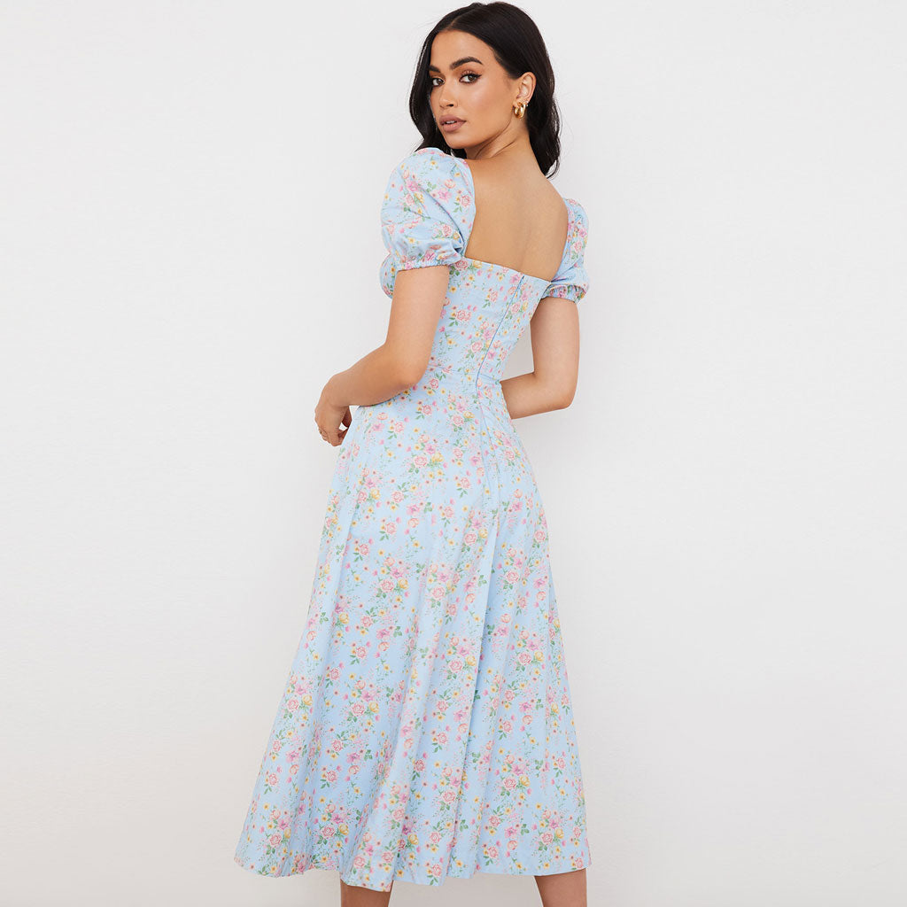 Light Blue Square Neck Floral Puff Sleeve High Slit Smock Maxi Dress