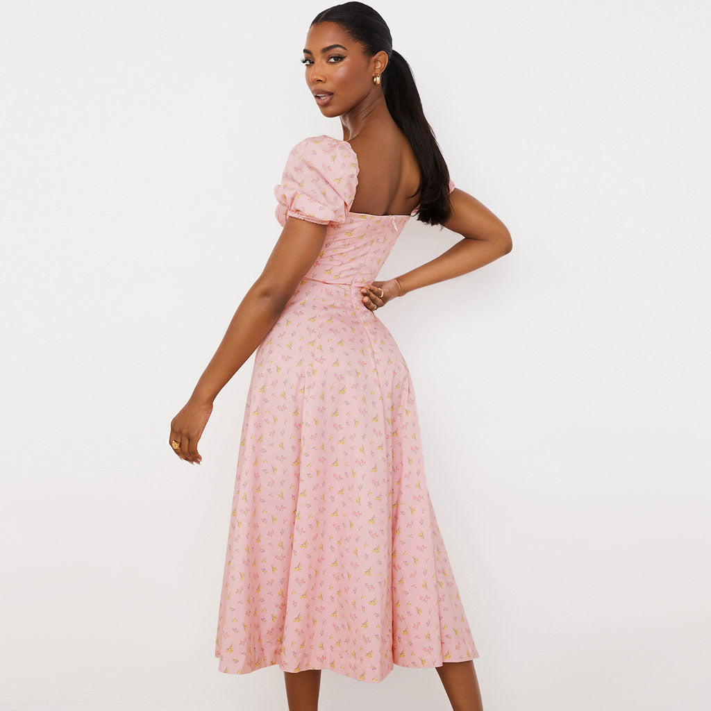 Pink Square Neck Floral Puff Sleeve High Slit Smock Maxi Dress