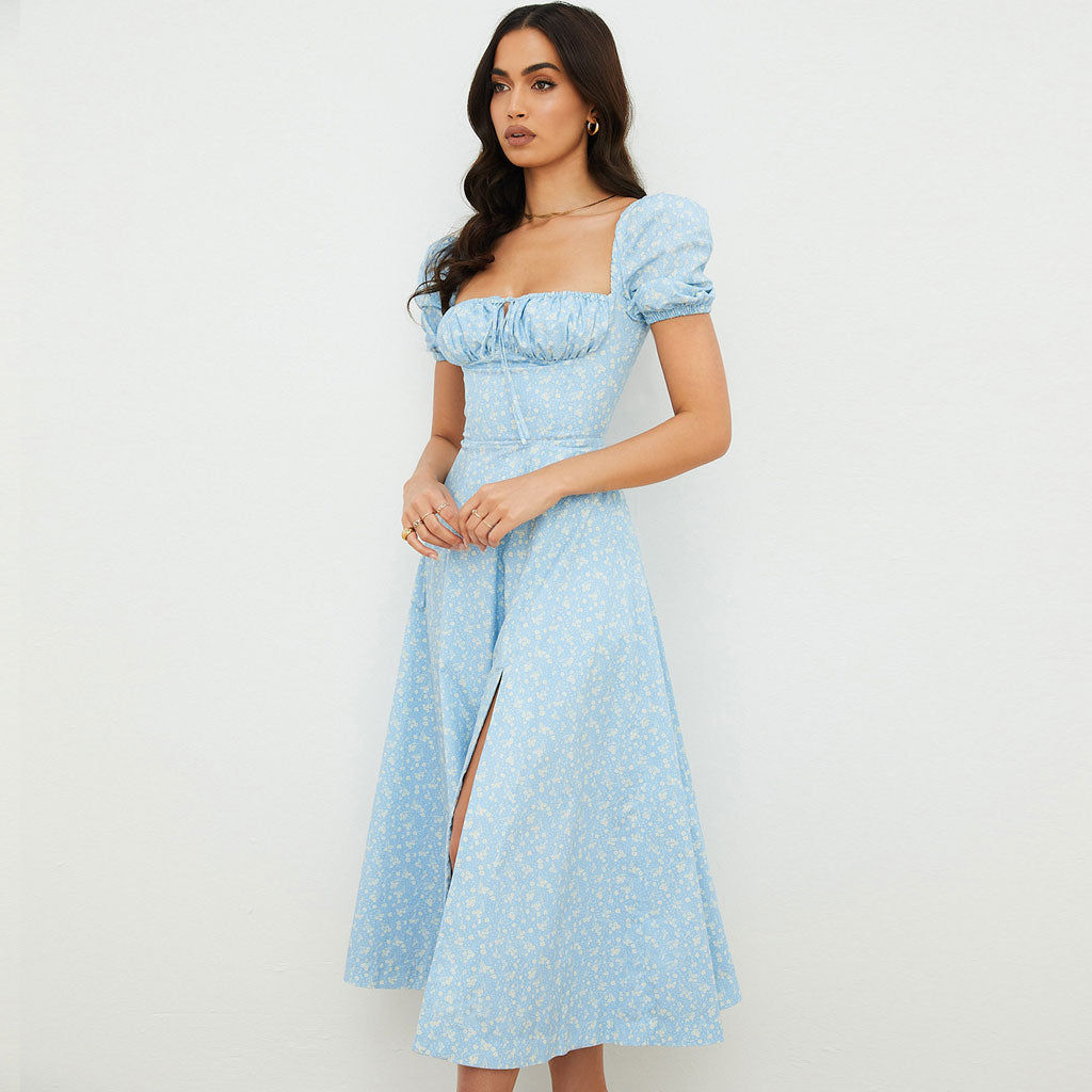 Sky Blue Square Neck Floral Puff Sleeve High Slit Smock Maxi Dress