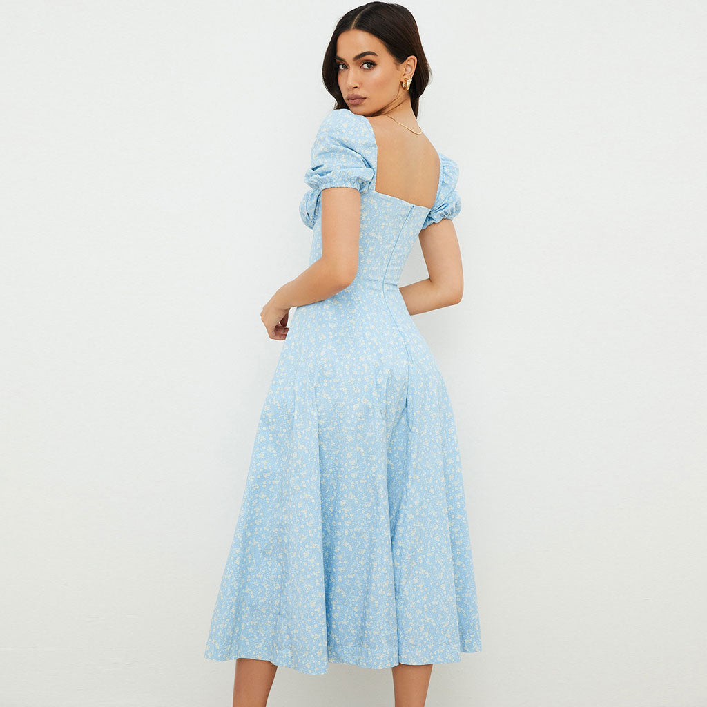 Sky Blue Square Neck Floral Puff Sleeve High Slit Smock Maxi Dress