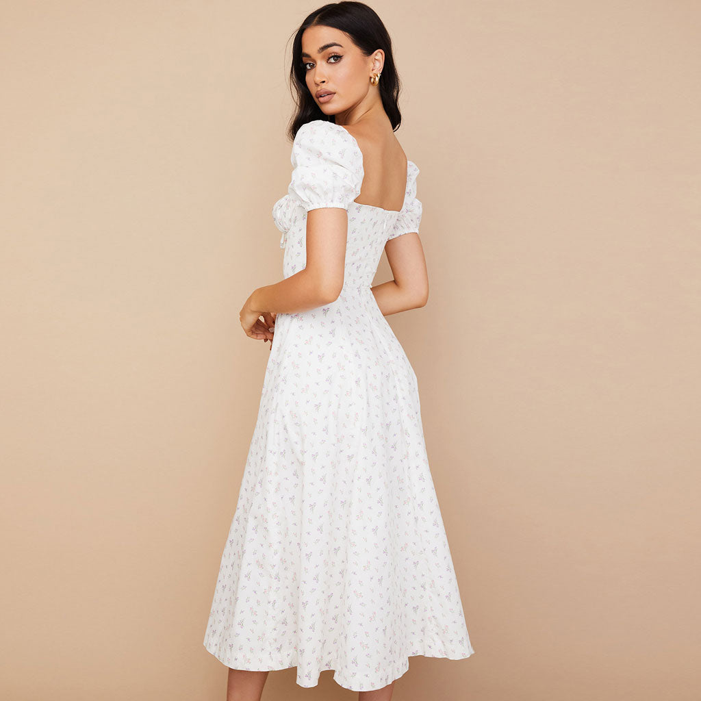 White Square Neck Puff Sleeve Floral Front Slit A-Line Midi Dress 3