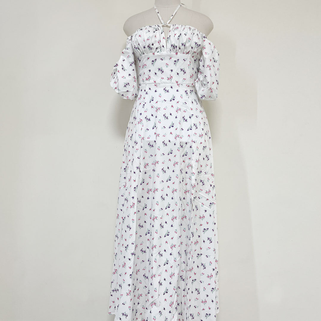 White Square Neck Puff Sleeve Floral Front Slit A-Line Midi Dress 4