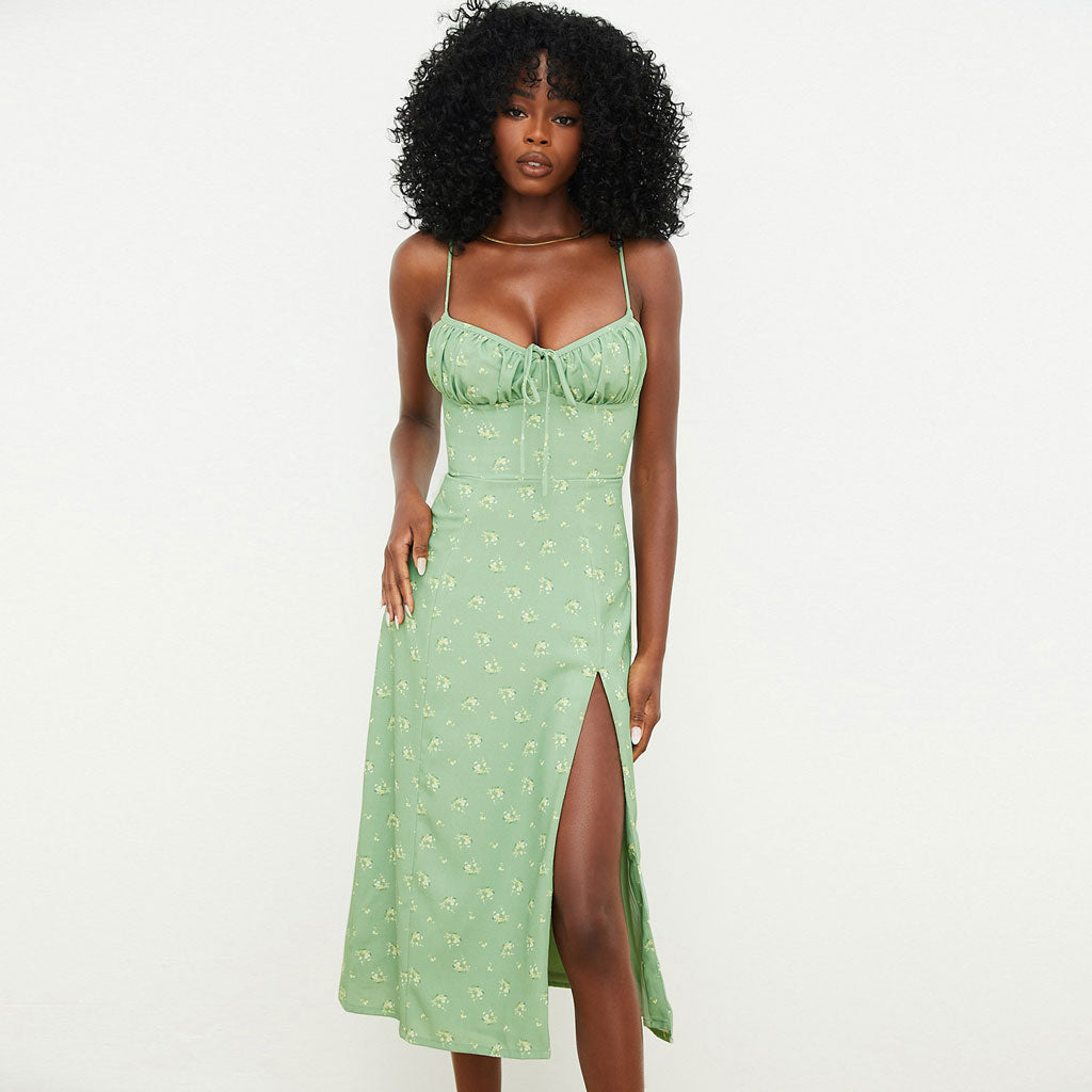 Light Green Spaghetti Strap Floral Ruched Bustier High Slit Midi Dress