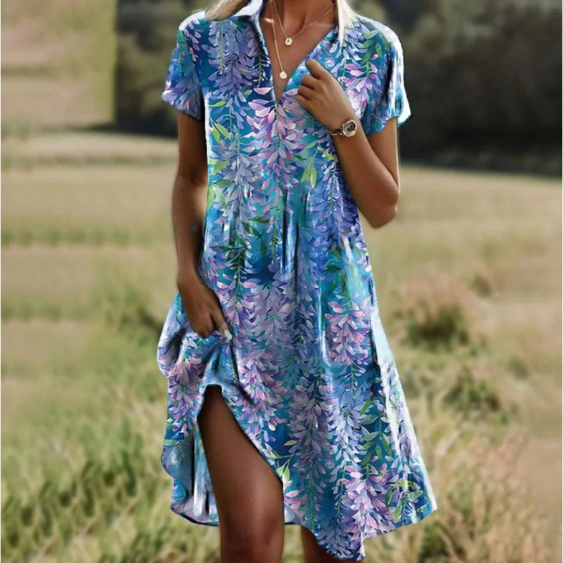 Collared Short Sleeve Floral Button Front Midi Dress 2