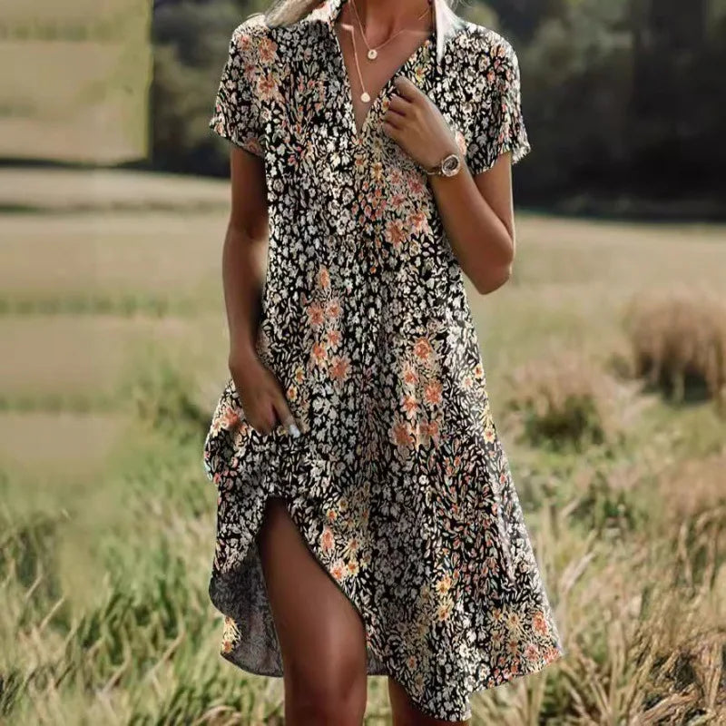Collared Short Sleeve Floral Button Front Midi Dress