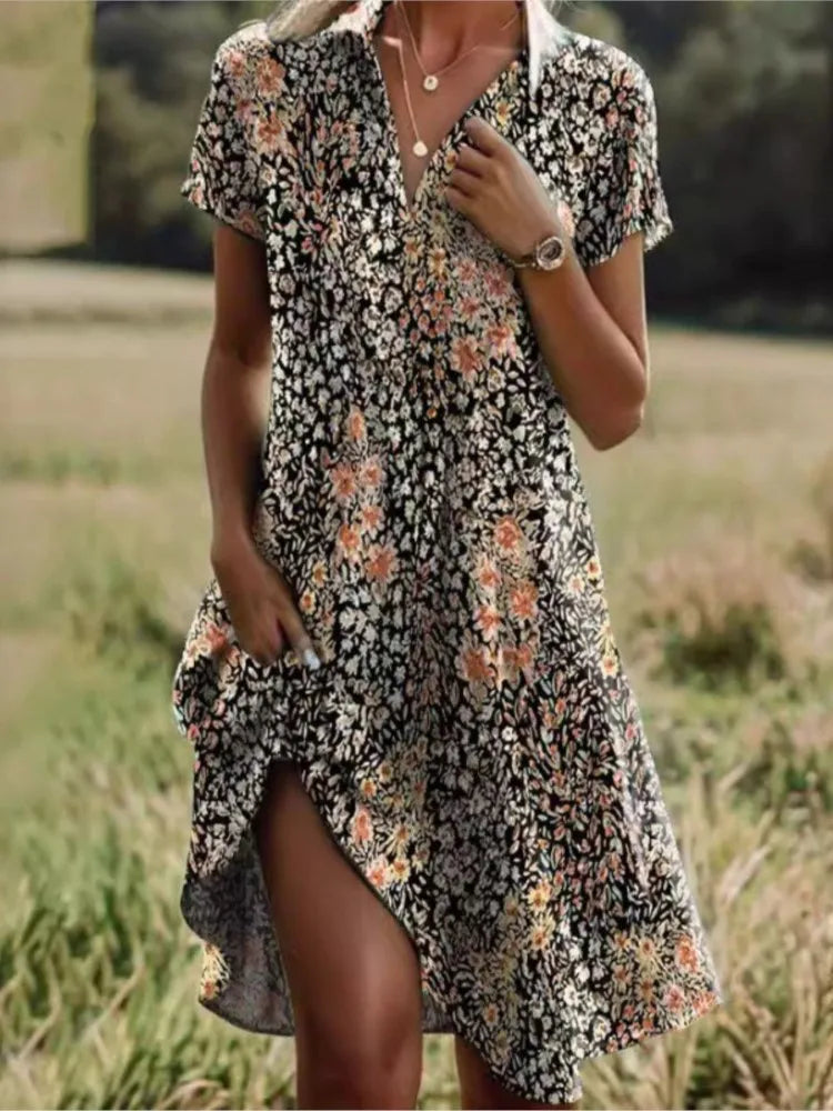 Collared Short Sleeve Floral Button Front Midi Dress 6