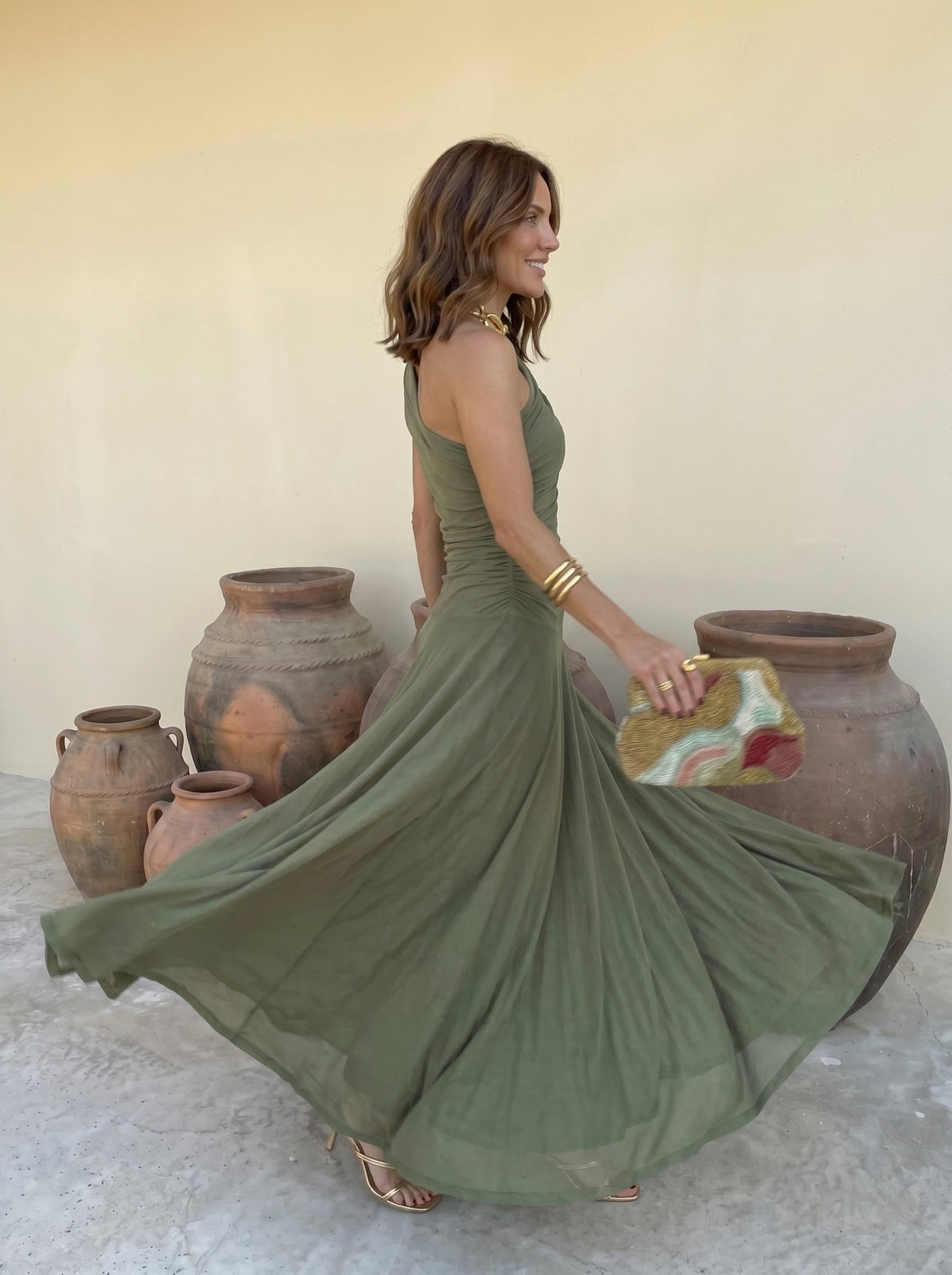Off-Shoulder Draped Ruched Chiffon Flowy A-Line Maxi Gown 6