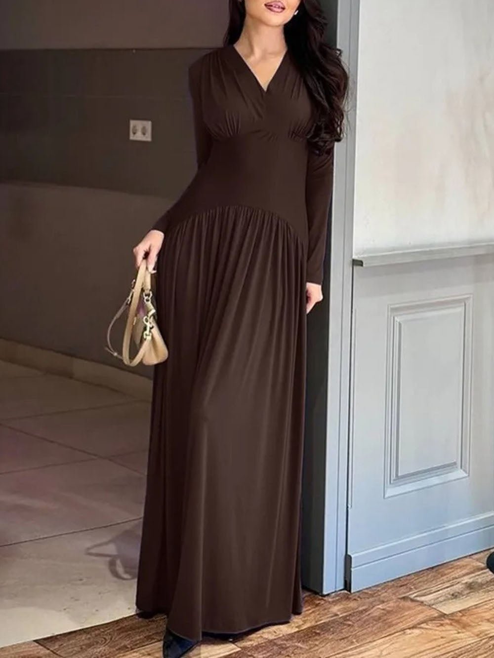 Long Sleeve Deep V-Neck Ruched Pleated Flowy Maxi Dress 3