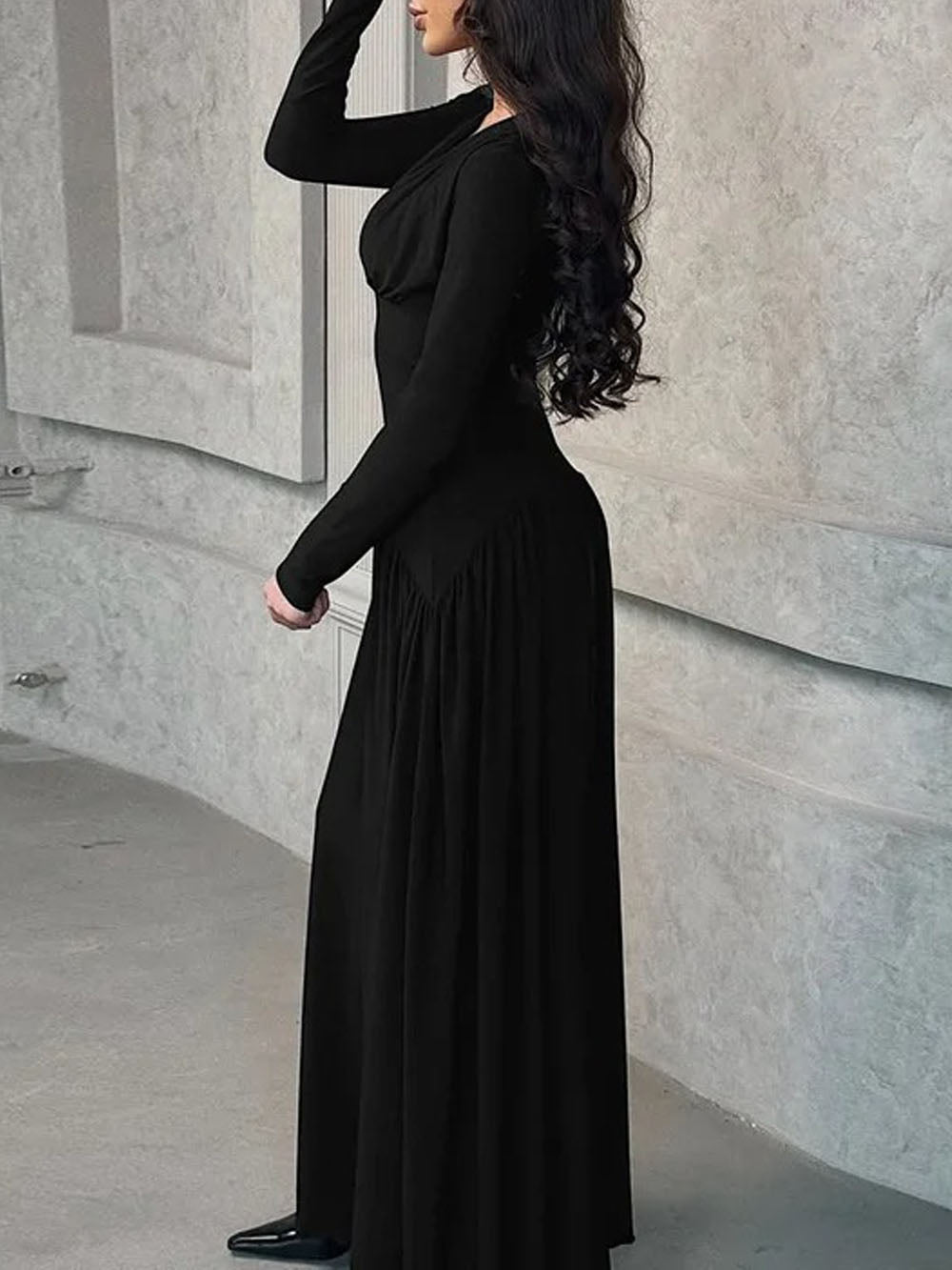Long Sleeve Deep V-Neck Ruched Pleated Flowy Maxi Dress 9