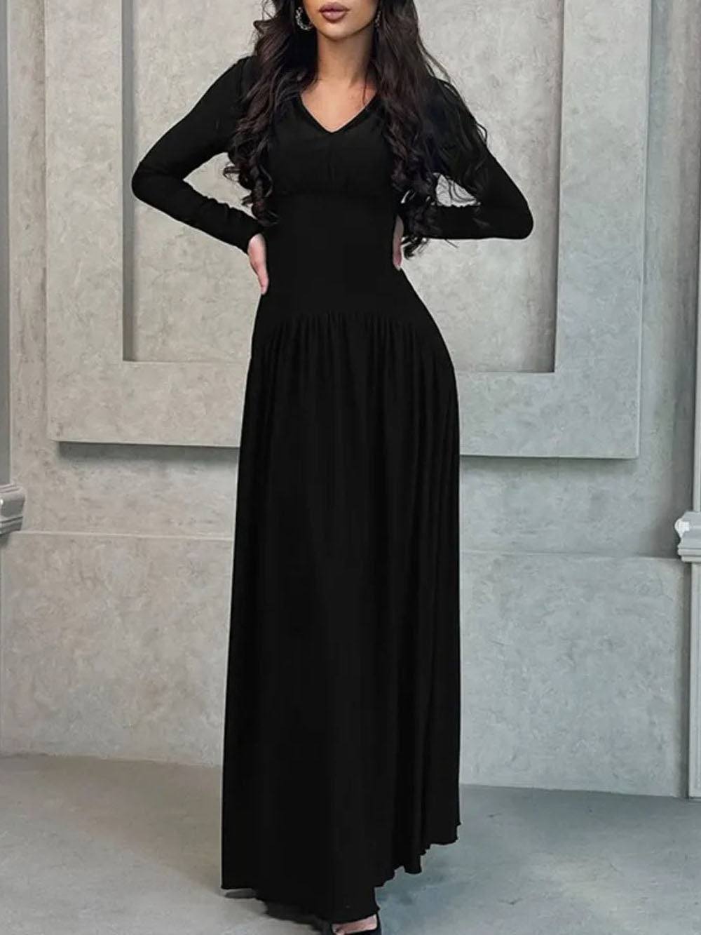 Long Sleeve Deep V-Neck Ruched Pleated Flowy Maxi Dress 8