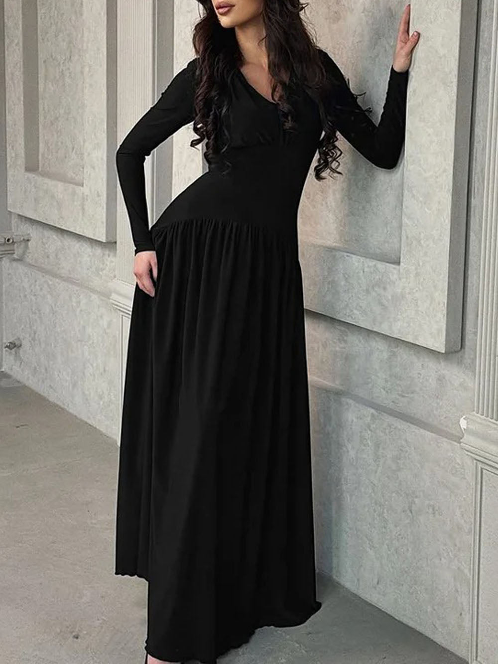 Long Sleeve Deep V-Neck Ruched Pleated Flowy Maxi Dress 10