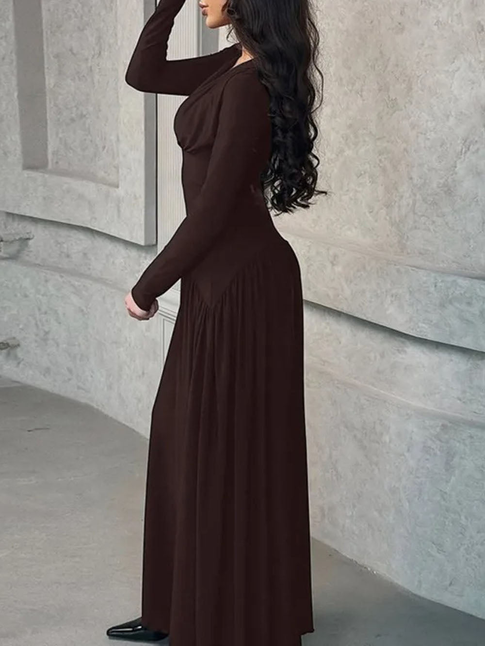 Long Sleeve Deep V-Neck Ruched Pleated Flowy Maxi Dress 2
