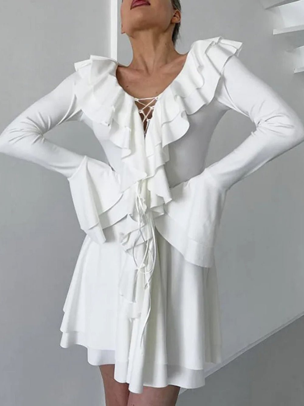 Long Sleeve Lace Up Ruffle Deep V-Neck Mini Dress 6