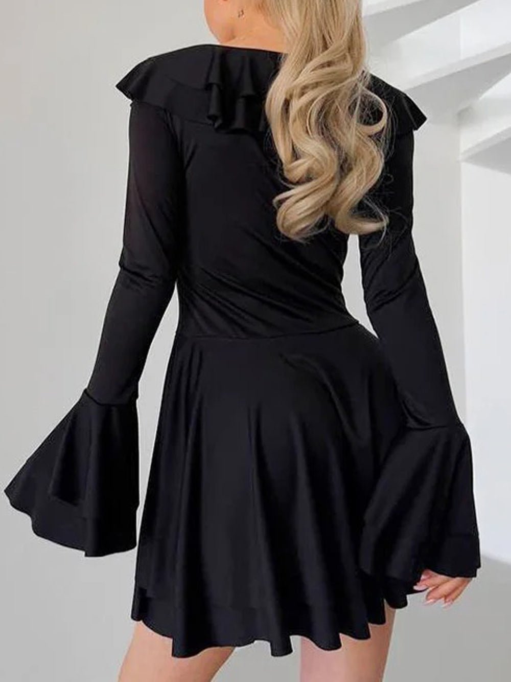 Long Sleeve Lace Up Ruffle Deep V-Neck Mini Dress 2