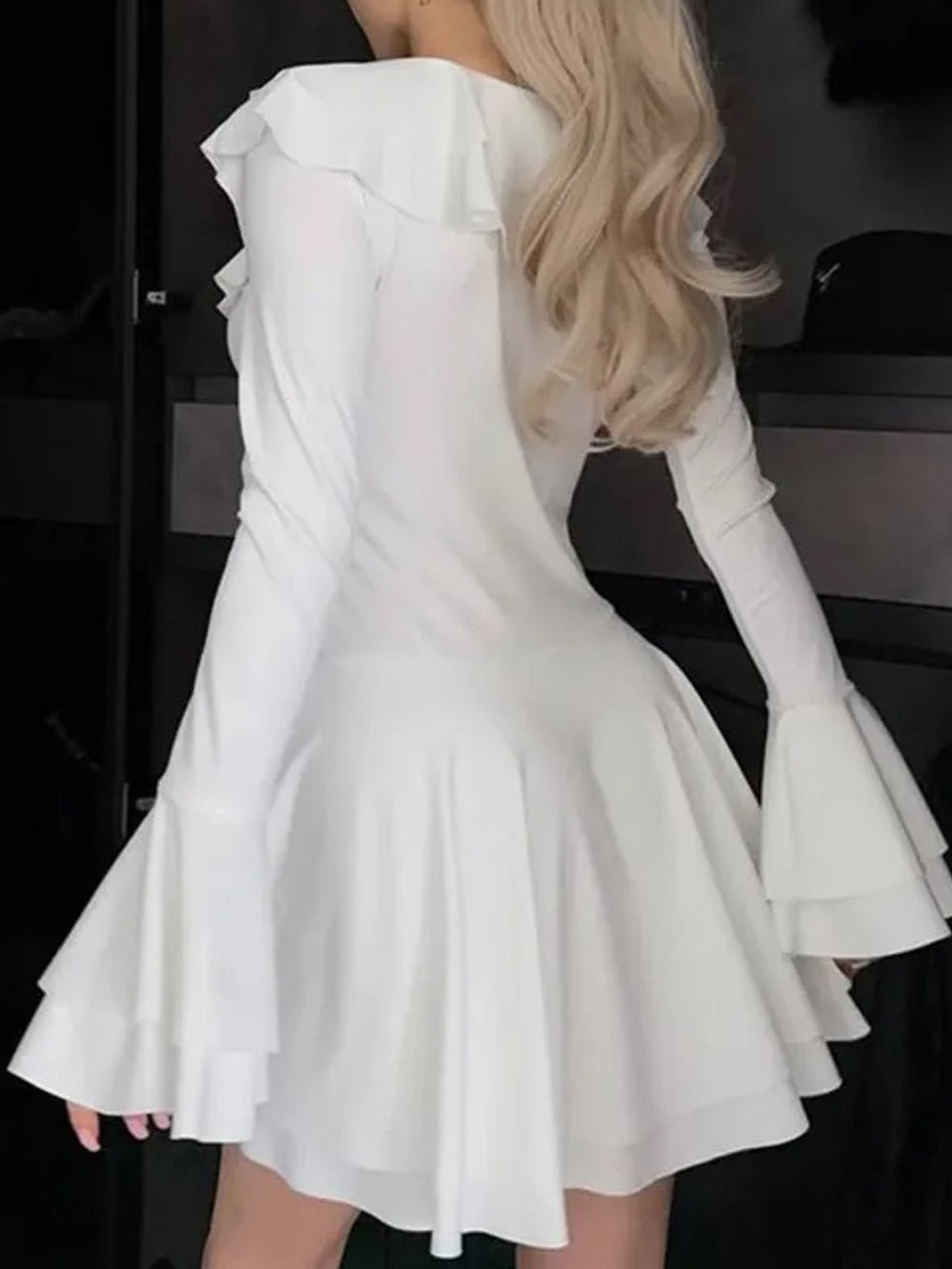 Long Sleeve Lace Up Ruffle Deep V-Neck Mini Dress 5
