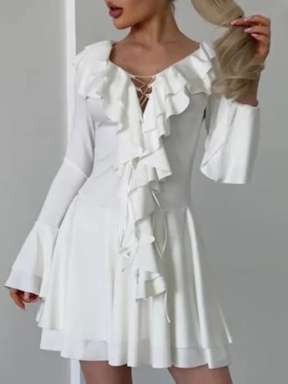 Long Sleeve Lace Up Ruffle Deep V-Neck Mini Dress 4