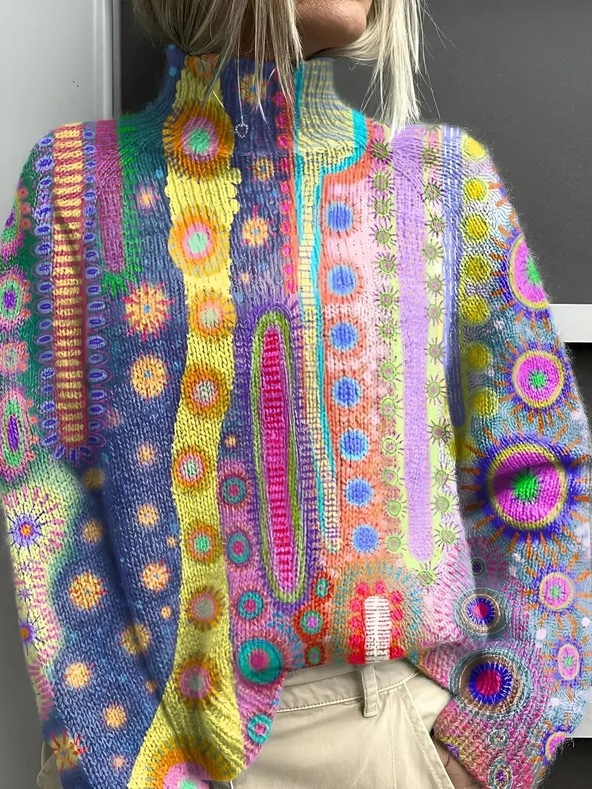 Mock Neck Abstract Floral Long Sleeve Knit Sweater