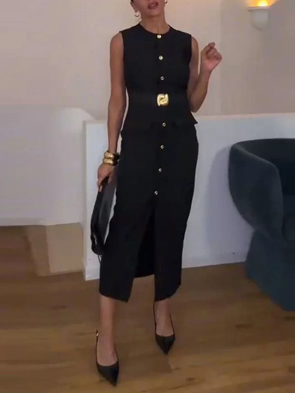Sleeveless Button Front Belt Buckle Flap Pocket Midi Dress 3