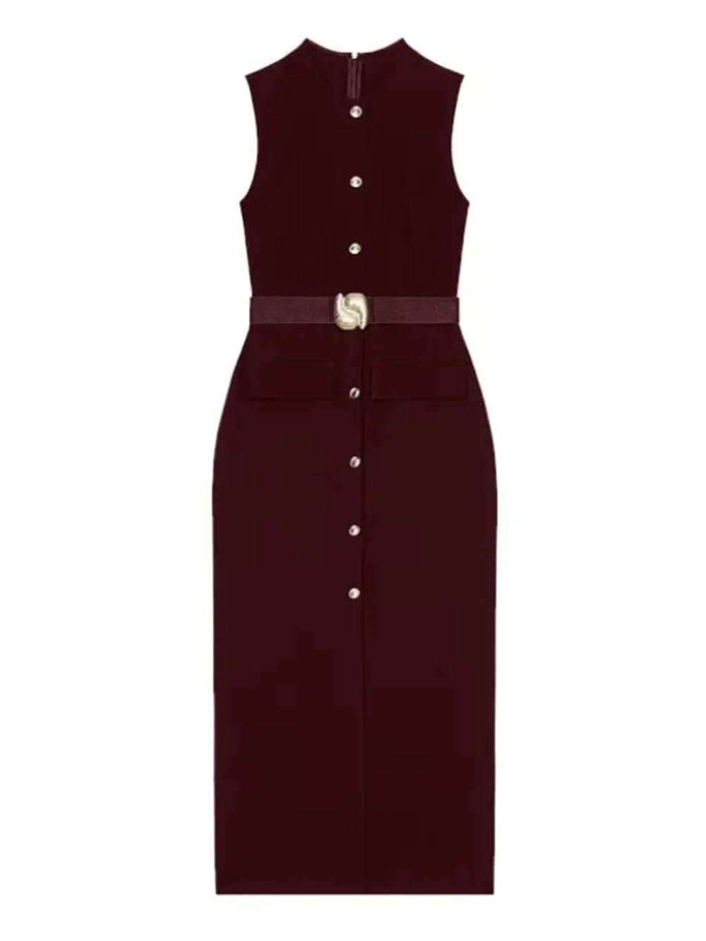 Sleeveless Button Front Belt Buckle Flap Pocket Midi Dress 9