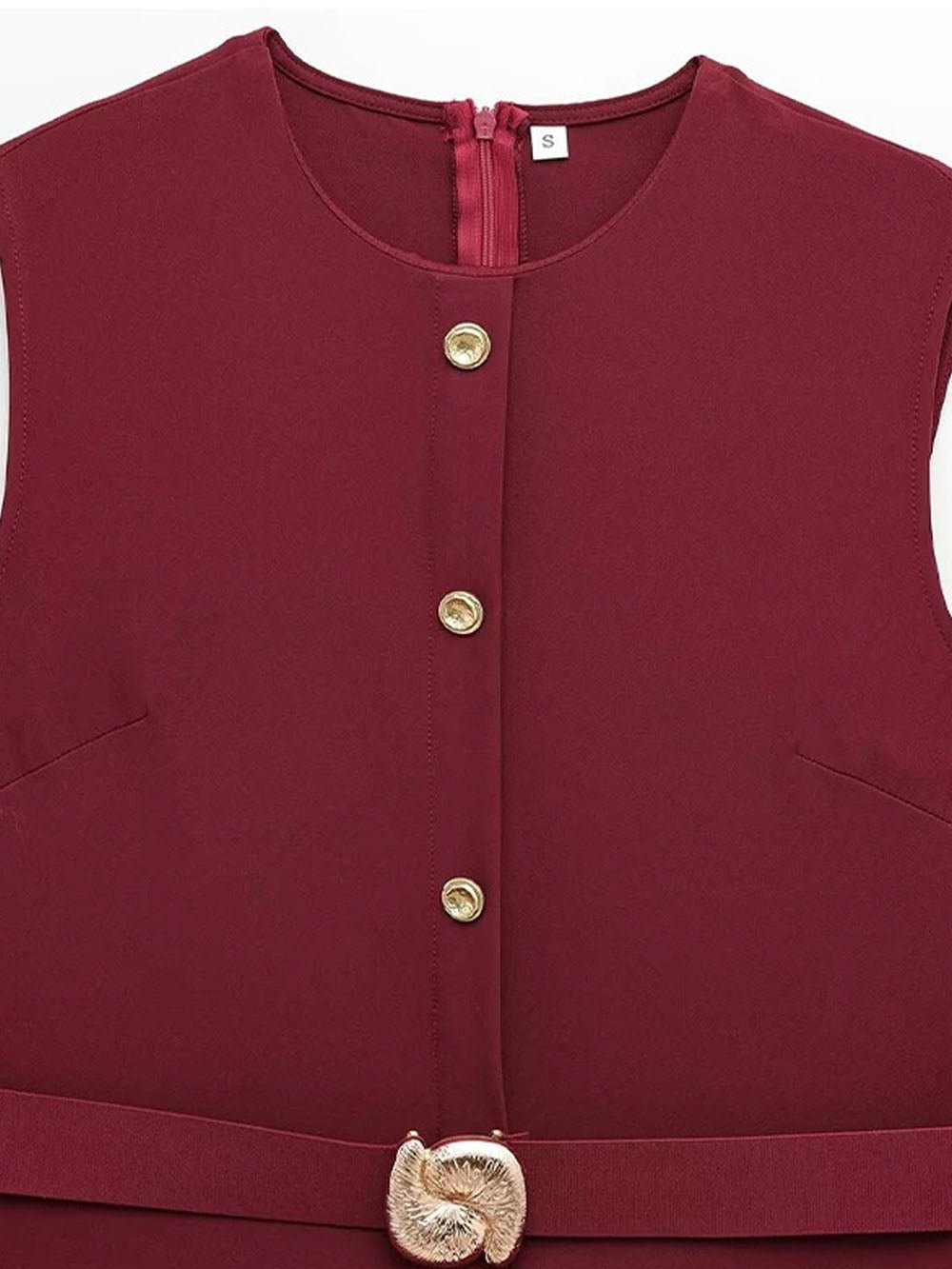 Sleeveless Button Front Belt Buckle Flap Pocket Midi Dress 13