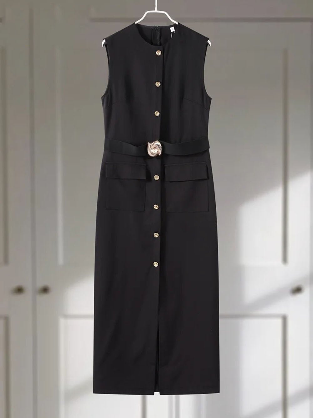 Sleeveless Button Front Belt Buckle Flap Pocket Midi Dress 4