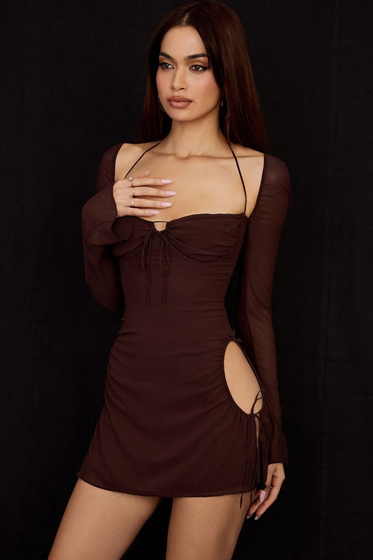 Chocolate Halter Neck Long Sleeve Tie Front Ruched Bodycon Mini Dress