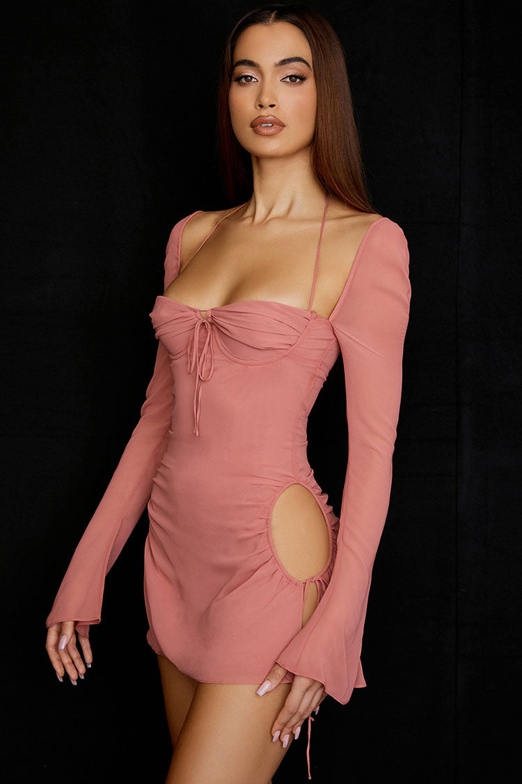 Pink Halter Neck Long Sleeve Tie Front Ruched Bodycon Mini Dress