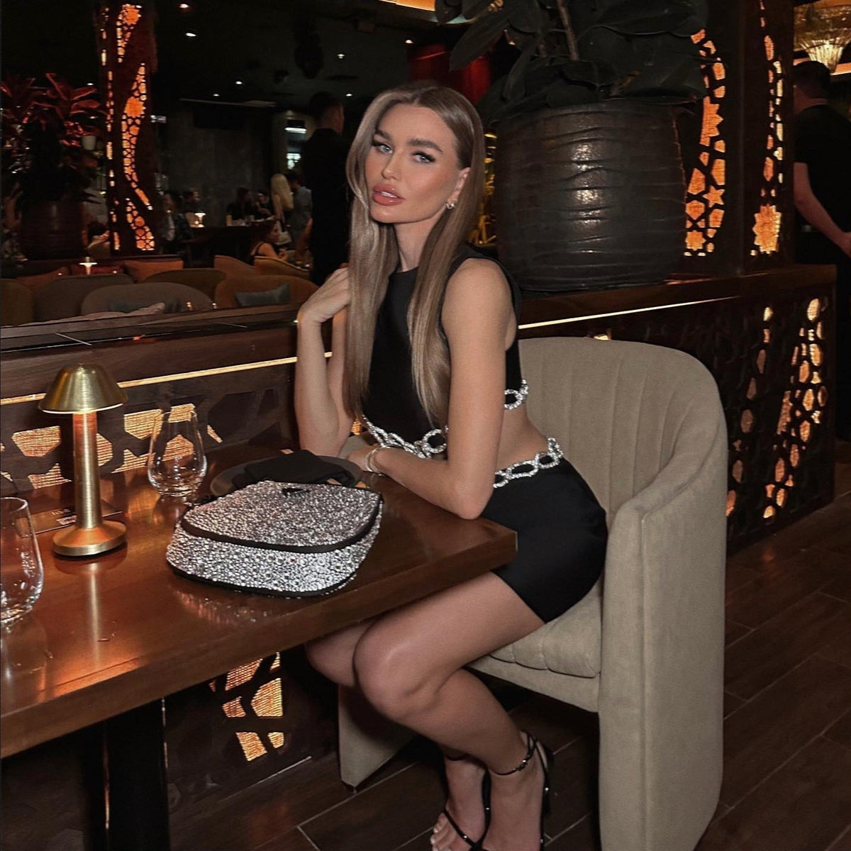 Black Round Neck Rhinestone Cut-Out Waist Bodycon Mini Dress