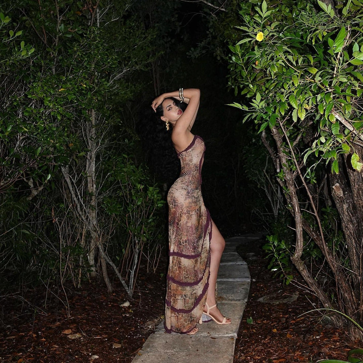 Strappy Ruffle Trim Cutout Printed Mesh Ruched Bodycon Maxi Dress