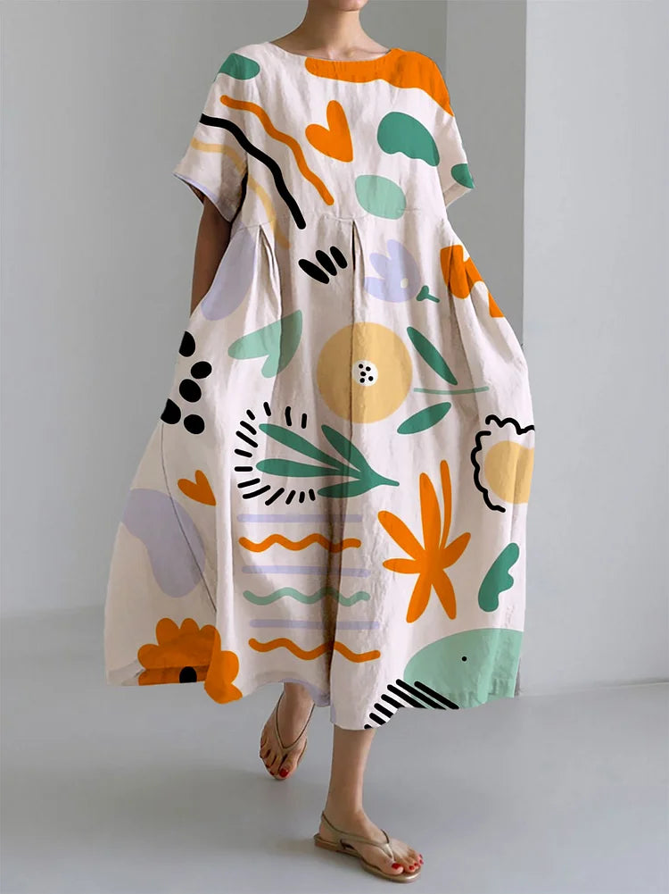 Pink Round Neck Short Sleeve Abstract Print Cocoon Linen Midi Dress