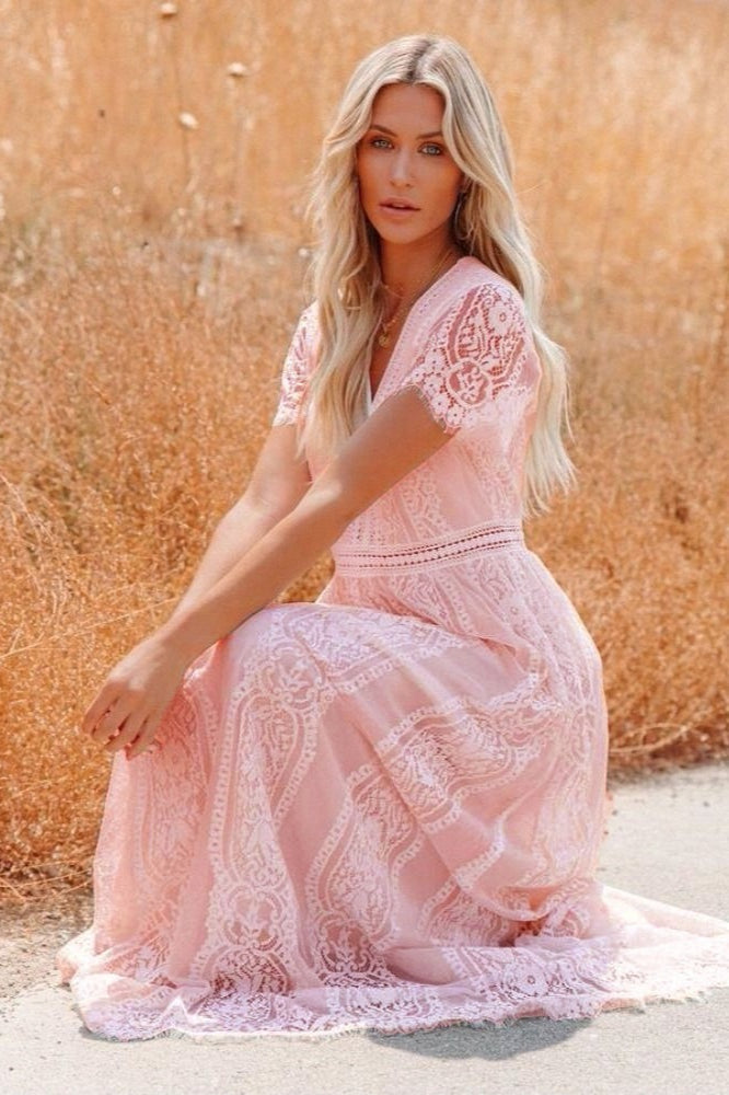 Deep V Neck Lace Cap Sleeve Empire Waist Scalloped Hem Maxi Dress 8