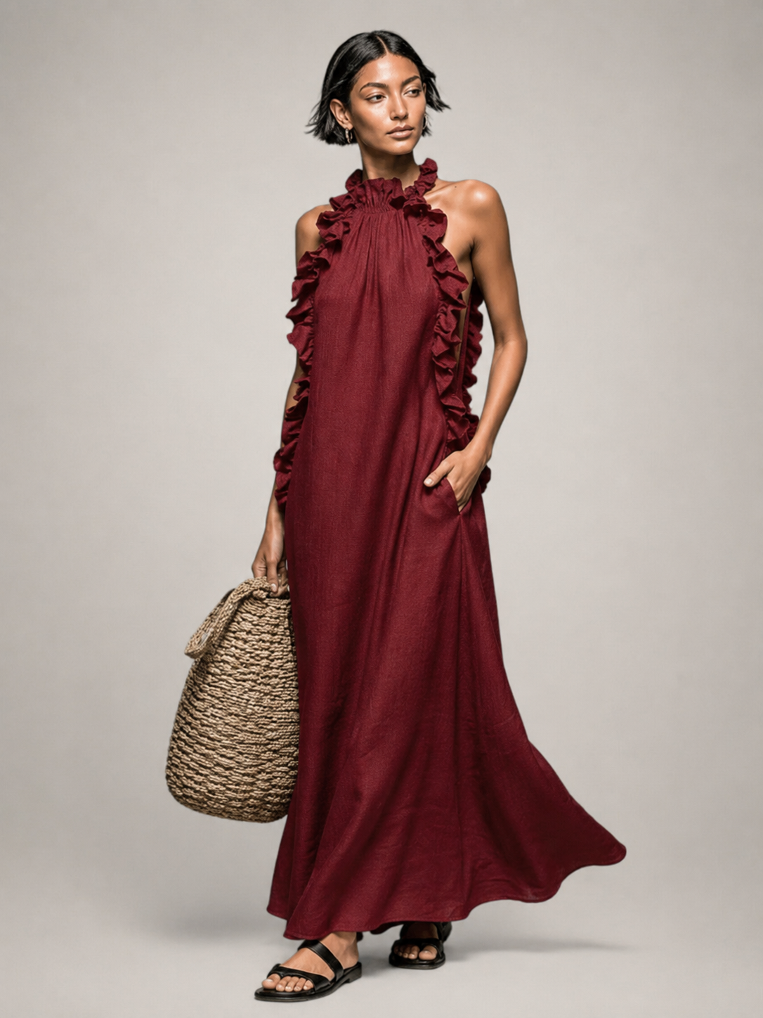 Halter Neck Ruffle Trim Sleeveless Linen Column Maxi Dress 9